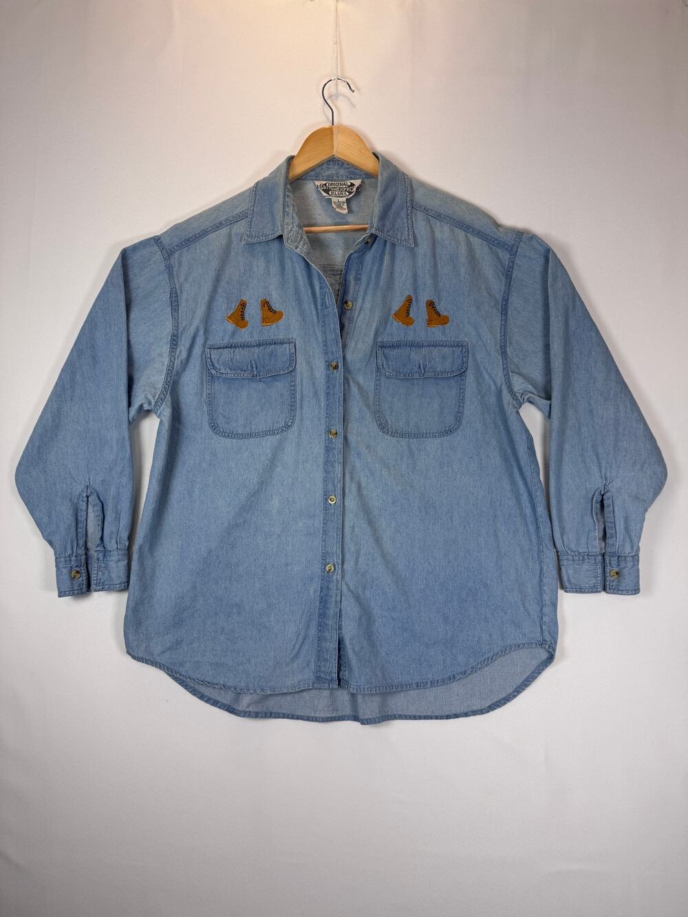 Vintage Original Express Cotton Denim Womens L Embroidered Work Boot Button Down